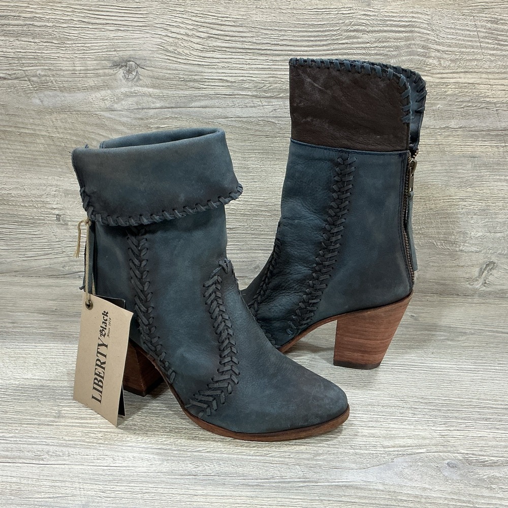 Liberty Black Western Boots Women's Size 6 Blue Leather Zip Fold Down Wedge NEW
